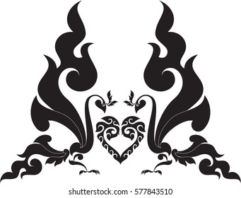 Swirl floral phoenix with floral heart vector illustration, tattoo, pattern, texture, wallpaper, Southeast Asia Art Design