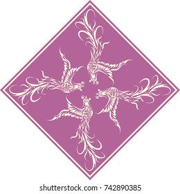 Swirl Floral Phoenix with Swirl Heart Wing Vector Format, Abstract Imagination Bird in Square-Shaped