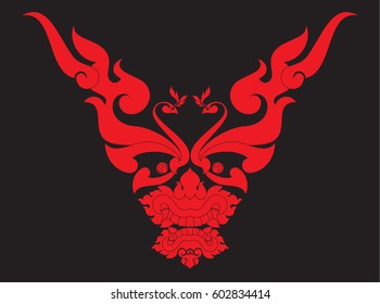 Swirl floral phoenix and tribal monster face vector illustration, Southeast Asia Art Design