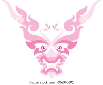 Swirl floral phoenix and tribal monster face vector illustration, Southeast Asia Art Design