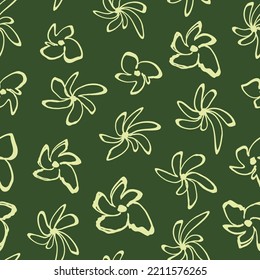 Swirl floral seamless repeat pattern. Random placed, hand drawn, vector flowers all over surface print on dark green background.