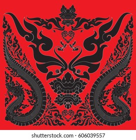 Swirl floral tribal Naga, phoenix, heart and monster face vector illustration, Southeast Asia Art Design