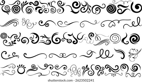 Swirl, flourish, and decorative ornament elements vector illustration. Perfect for invitations, logos, or vintage art. High quality, artistic black linework enhances creativity and style
