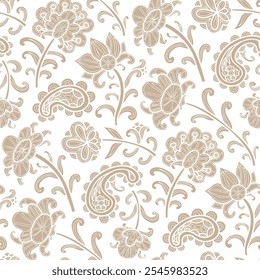 Swirl flowers, paisley beige pattern, white background. Seamless floral pattern-492.