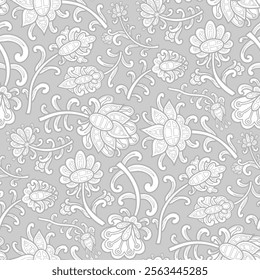 Swirl flowers, paisley floral pattern, white and grey colors. Seamless floral pattern-538.