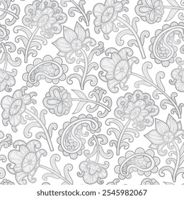 Swirl flowers, paisley grey pattern, white background. Seamless floral pattern-493.