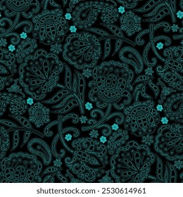 Schwenk Blumen, Paisley-Muster, schwarz und blau Farben. Nahtloses Blumenmuster-444.