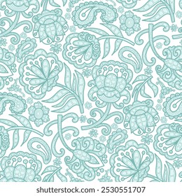 Swirl flowers, paisley pattern, white and blue colors. Seamless floral pattern-443.