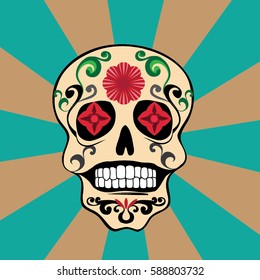 Swirl Flowery Head Skull Mexican with Blue and Chocolate Background 