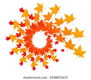 Swirl geometric pattern of colorful fallen yellow orange red maple leaves. Bright acer leaf vortex. Autumn color template. Poster. Card. Fall season. wind. Art fractal. Seasonal promotion design. Ads