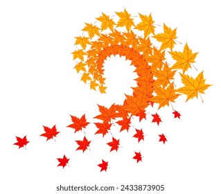 Swirl geometric pattern of colorful fallen yellow orange red maple leaves on white background. Bright acer leaf vortex. Autumn color template. Poster. Card. Fall season. Art fractal. Seasonal design. 