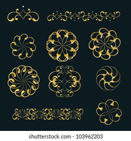 Swirl gold elements and monograms for design. isolated on dark background. vector illustration.