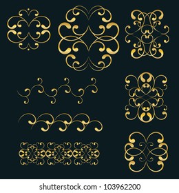 Swirl gold elements and monograms for design-2. isolated on dark background. vector illustration.