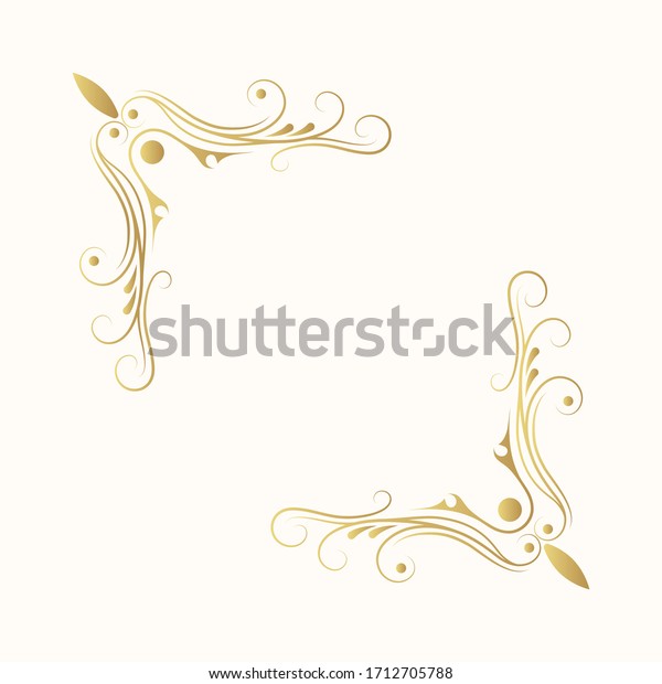 Swirl golden corner frame. Hand drawn vintage\
page decor. Royal wedding invitation card template. Ornate filigree\
gold border.
