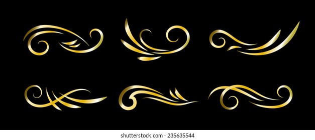 Swirl golden decoration elements isolated on black background. Vector collection