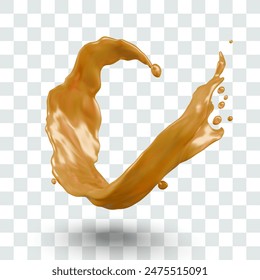 Swirl of golden realistic liquid with texture, reflections, shadows, drops