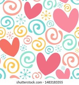 Swirl and heart. Seamless vector pattern with hearts.