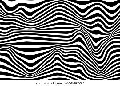 Redemoinho hipnótico padrão de ondas pretas e brancas. Fundo abstrato monocromático. Ilustração geométrica plana do vetor.Design do modelo para o banner, site, modelo, folheto, brochura, cartaz.