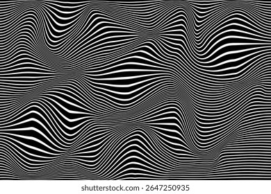 Werp hypnotisch zwart-wit golfpatroon. Monochrome abstracte achtergrond. Vector vlakke geometrische illustratie.Sjabloonontwerp voor banner, website, sjabloon, folder, brochure, poster.