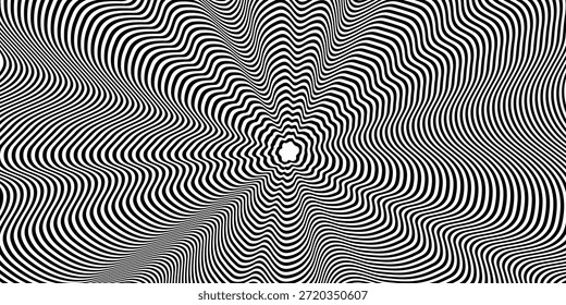 Redemoinho hipnótico padrão de ondas pretas e brancas. Fundo abstrato monocromático. Ilustração geométrica plana do vetor.Design do modelo para o banner, site, modelo, folheto, brochura, cartaz.