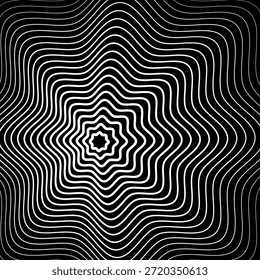 Redemoinho hipnótico padrão de ondas pretas e brancas. Fundo abstrato monocromático. Ilustração geométrica plana do vetor.Design do modelo para o banner, site, modelo, folheto, brochura, cartaz.