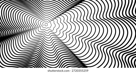 Swirl hypnotische schwarz-weiße Wellenmuster. Monochromer abstrakter Hintergrund. Geometrische Vektorgrafik.Vorlagendesign für Banner, Website, Vorlage, Broschüre, Broschüre, Poster.