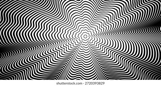 Redemoinho hipnótico padrão de ondas pretas e brancas. Fundo abstrato monocromático. Ilustração geométrica plana do vetor.Design do modelo para o banner, site, modelo, folheto, brochura, cartaz.