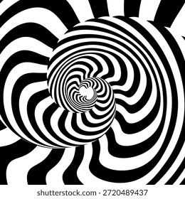 Redemoinho hipnótico padrão de ondas pretas e brancas. Fundo abstrato monocromático. Ilustração geométrica plana do vetor.Design do modelo para o banner, site, modelo, folheto, brochura, cartaz.