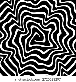 Redemoinho hipnótico padrão de ondas pretas e brancas. Fundo abstrato monocromático. Ilustração geométrica plana do vetor.Design do modelo para o banner, site, modelo, folheto, brochura, cartaz.