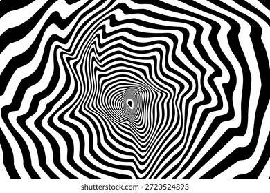 Redemoinho hipnótico padrão de ondas pretas e brancas. Fundo abstrato monocromático. Ilustração geométrica plana do vetor.Design do modelo para o banner, site, modelo, folheto, brochura, cartaz.