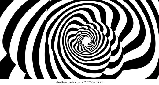 Redemoinho hipnótico padrão de ondas pretas e brancas. Fundo abstrato monocromático. Ilustração geométrica plana do vetor.Design do modelo para o banner, site, modelo, folheto, brochura, cartaz.