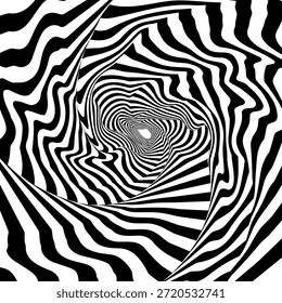 Redemoinho hipnótico padrão de ondas pretas e brancas. Fundo abstrato monocromático. Ilustração geométrica plana do vetor.Design do modelo para o banner, site, modelo, folheto, brochura, cartaz.