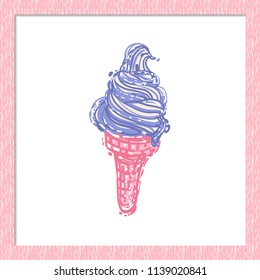 The swirl ice cream cone. Hand drawn sketch with delight dessert. Decorative style food illustration inspired by summer sweets. Isolated object on white background inside a pink wooden frame.