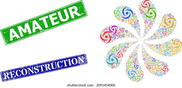 Swirl icon multi colored curl spin petals fireworks composition, and grunge Amateur seal. Blue Reconstruction and green Amateur rectangle grunge seal stamps.