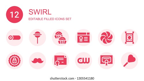 swirl icon set. Collection of 12 filled swirl icons included Roll, Lollipop, Bonbon, Certificate, Vortex, Certification, Mustache, Cw, Carpet