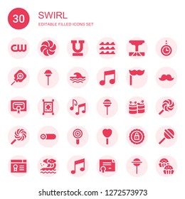 swirl icon set. Collection of 30 filled swirl icons included Cw, Vortex, Underline, Waves, Tornado, Lollipop, Wave, Musical note, Mustache, Certificate, Carpet, Music notes, Rolls