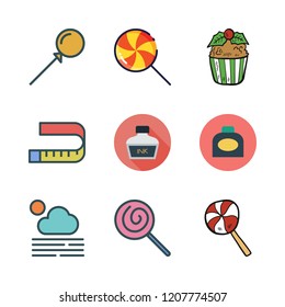 swirl icon set. vector set about measuring tape, lollipop, cupcake and ink icons set.