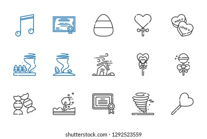 swirl icons set. Collection of swirl with lollipop, tornado, certificate, hurricane, candy, musical note. Editable and scalable swirl icons.