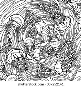 Swirl of jellyfish drawn in line art style. Ocean card in black and white colors. Coloring book page design for adults and kids