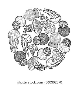 Swirl of jellyfish drawn in line art style. Ocean card in black and white colors. Coloring book page design for adults and kids