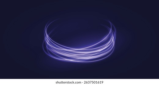 Swirl light effect, neon purple rings shining on dark background. Magic light energy effect, tunnel lines spin, abstract teleport, magic glow, swirl trail effect, vector illustration.