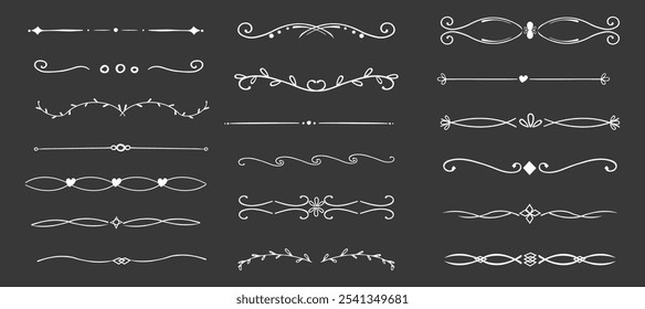 Swirl line chalk divider, doodle decorative fancy ornament border, simple hand drawn frame. Retro curve set flourish thin decorations.