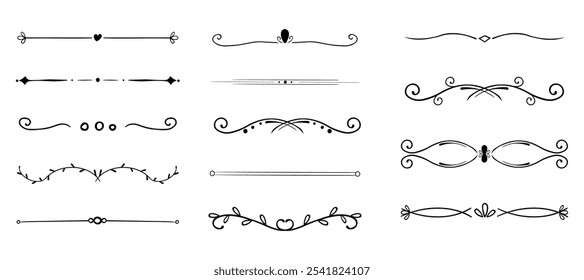 Divisor de línea de remolino, borde decorativo de adorno de lujo doodle, marco simple dibujado a mano. El conjunto de curvas retro florece en decoraciones delgadas.