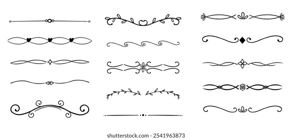 Swirl line divider, doodle decorative fancy ornament border, simple hand drawn frame. Retro curve set flourish thin decorations.