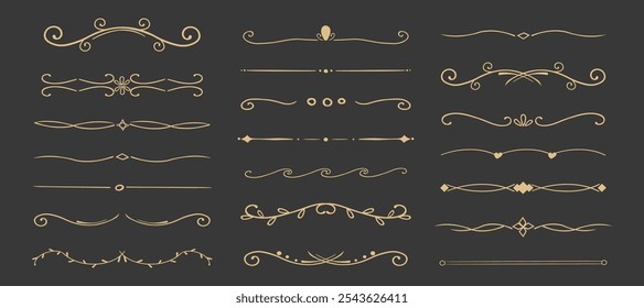 Divisor de linha de redemoinho, doodle bordas ornamento decorativo fantasia, quadro desenhado à mão simples. Conjunto de curvas retrô floresce decorações finas.