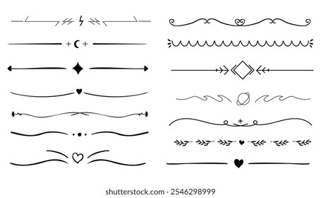 Swirl line divider, doodle decorative fancy ornament border, simple hand drawn frame. Retro curve set flourish thin decorations.