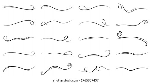 Swirl line. Elements of calligraphy. Vintage ornament with dividers and swashes. Ornate decorative set of doodles for wedding frame. Curly swish for design. Border for text, scroll and banner. Vector.