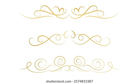 swirl line hand drawn set. gold decorative calligraphy element isolated on white background 