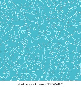 Swirl Lines Hand Drawn Seamless Pattern - White Vegetal Roots on Blue Background - Vector Illustration