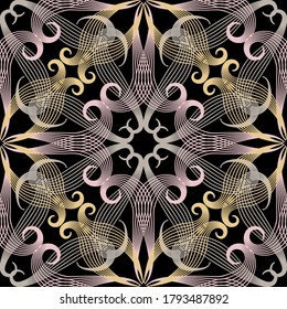 Swirl lines seamless pattern. Vector colorful ornamental background. Ethnic style repeat decorative backdrop. Floral line art hand drawn ornament. Vintage lacy flowers, leaves, swirls, curves, shapes.